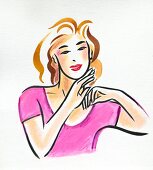 Illustration of woman wearing pink top running her hand on the side of her neck