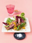 Lamb fillet with radish and lentil salad on square plate