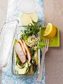 Asparagus salad with chicken breast, zucchini and lemon juice