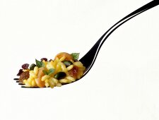 Risotto with raisins and pistachios on fork against white background