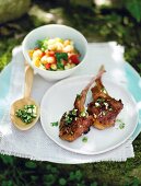 Roasted lamb chops with bowl of white beans on plate