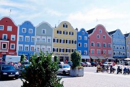 View of colourful houses in marketplace at Passau, Germany