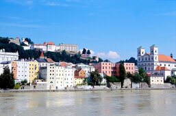 View of old town and St. Michael church near river Inn, Passau, Germany