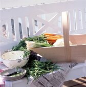 Cleaned carrots, leeks and green beans in garden basket on bench