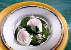 Close-up of poached eggs with spinach sauce on plate