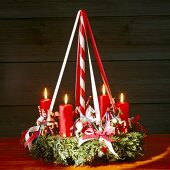 Red and white advent wreath with lit candles