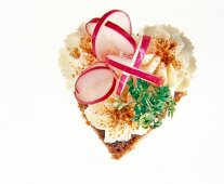 Heart shaped brotschnittchen with gyro and radishes on white background