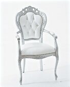 Stuhl aus massiver Buche mit weißem Leder gepolstert