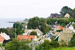 View of houses along Arild coast in Oresund, Sweden