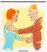 Illustration of man and woman shaking hands, hand on shoulder