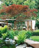 View of garden with pond, maple trees, patio furniture and wooden bridge