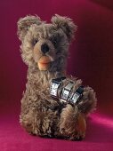 Teddy Bear with three watches on red background
