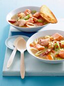 Close-up of fish soup with fennel in bowl