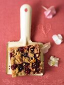 A slice of cherry crumble cake on a cake paddle