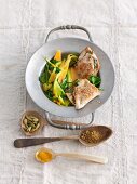 Stir- fry vegetable with turkey, turmeric and cumin in pan
