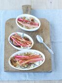 Vanilla risotto with caramelized rhubarb in tray