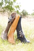 Three brown and black leather boots in grass