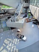Elevated view of BMW Welt in transfer hall for new cars, Munich, Germany