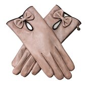 Close-up of beige coloured calf leather gloves on white background