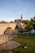Regensburg: Stadansicht, Dom, Brücke nturm, Steinerne Brücke, Donau