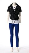 Blue skinny jeans with shirt and black jacket on mannequin