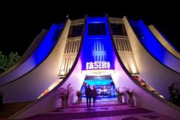 View of illuminated Belauchtet Casino entrance at night in Madeira, Portugal