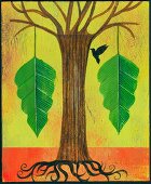 Illustration two large leaves hanging on either side of tree symbolizing zodiac sign Libra