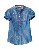 Denim shirt with short sleeves and sequins on white background