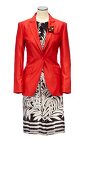 Red Blazer with sheath dress in printed silk blends and brooch on white background