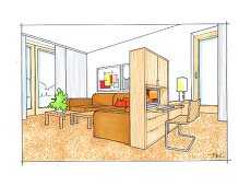 Wohnzimmer, Platzierung des Sofas, Raumteiler und Ecksofa, Illustration
