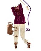 Magenta shirt with beige cotton trousers, sandals and handbag on white background