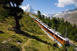 Gornergrat train in front of Matterhorn mountain in Zermatt, Valais, Switzerland