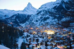 View of Zermatt town at dusk in Valais, Switzerland