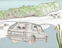 Träume: Auto, Straße, Landschaft, Illustration