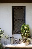 Small garden window with grid, plant pots and various metal objects