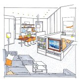 Einraumwohnung, Raumgestaltung: Studio, Wohnzonen, Illustration