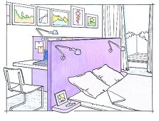 Schlafzimmer, Gestaltung, Trennwand Bett, Arbeitsplatz, Illustration