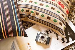 Camera on book with cushions on grass