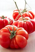 Close-up of ox heart tomatoes on wooden surface