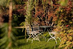 Table and chairs in Mount Usher Garden, Ashford, Ireland, UK