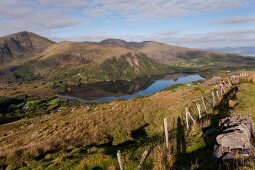 View of lake and landscape from Beara Peninsula mountain, Ireland, UK