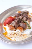 Veal kebab with yoghurt sauce and pide in Bodrum Peninsula, Turkey