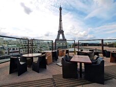 View of Eiffel Tower from the roof of Musee du quai Branly Museum in Paris, France