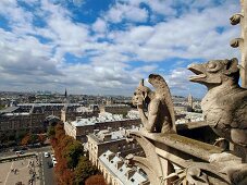 Mythical creatures of Notre-Dame against cityscape of Paris, France