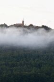 Morning fog at Dilsberg city, Germany