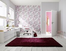 Study room with retro pattern wallpaper and red carpet