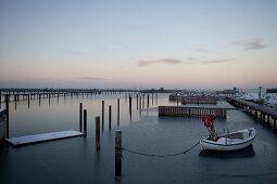 Fishing boats moored at frozen water at Gelting at Schleswig-Holstein, Germany