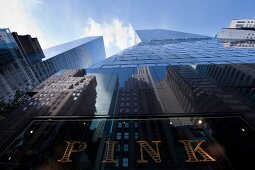 Exterior of Pink building at Madison Avenue in New York, USA, low angle view