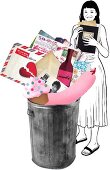 Papierkorb, Mülleimer mit Utensilien des Lebens, Frau, Illustration