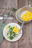 Saffron fettucine with a dill and coconut medley